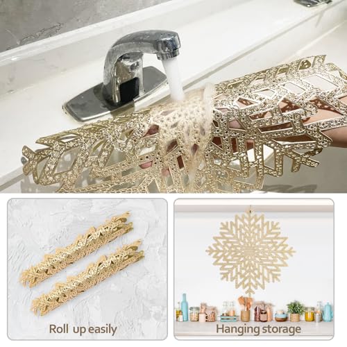 Round Snowflake Placemats,12pcs PVC Gold Table Mat set Heat Resistant Washable Placemat of 6pcs + Coasters Set 6pcs for Home Kitchen holiday Decoration - Image 4