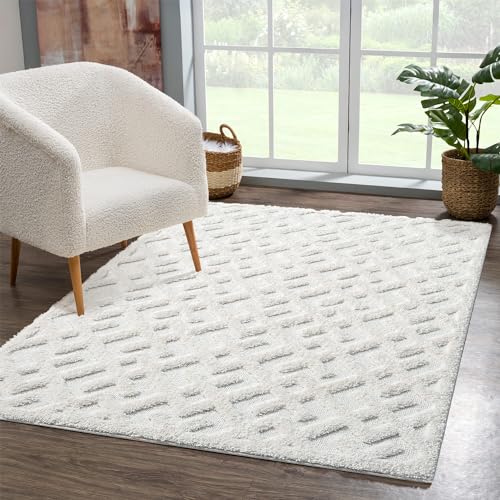 carpet city Teppich Hochflor Wohnzimmer - 80x150 cm - Einfarbig Weiß/Creme - Geometrisches...