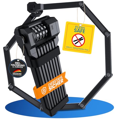 Fahrradschloss 120cm Faltschloss inkl.Halterung - Nur 980g extra leicht,Sicherheitslevel 15 diebstahlsicher,[Individueller PIN] Zahlenschloss ideal für Fahrrad,E-Scooter,Motorrad,E Bike