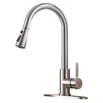 VESLA HOME Single Handle High Arc Pull Out Brushed Nickel Kitchen Faucet, Single Level Stainless Steel Kitchen Sink Faucets with Pull Down Sprayer