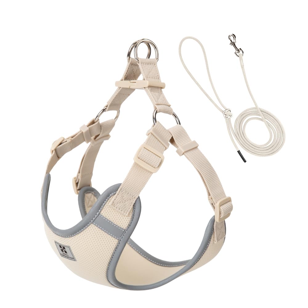 SMALL COMBINATION Nylon Dog Harness, Reflective Strips, Adjustable Straps, Bright Green, with Matching Lead (Cream-Coloured, S)