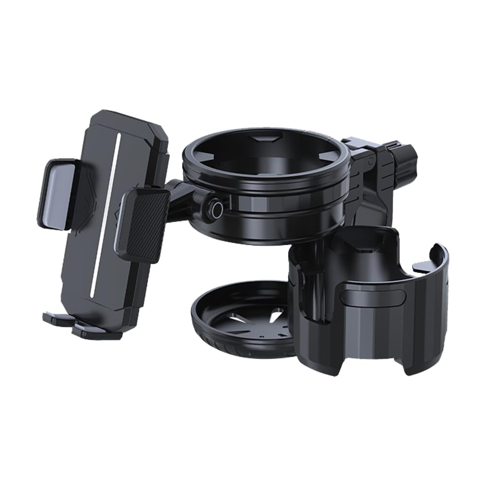 Baby Stroller Cup Holder Attachment with Phone Holder, 3 in 1 Universal Cup Holder Support Coffee Milk Drink Bottle Conversion 2 Cups for Pram, Wheelchair, Walker, Scooter, Bike - 360° Rotation