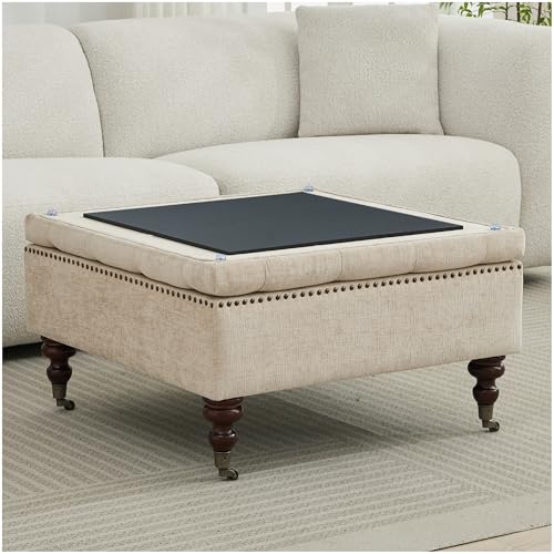 obmedin Large Square Storage Ottoman Uphlostered Tufted Button Coffee Table, Oversized Footrest Bench with Castered Rolling Wheels for Living Room, Light Brown Chenille Waterproof