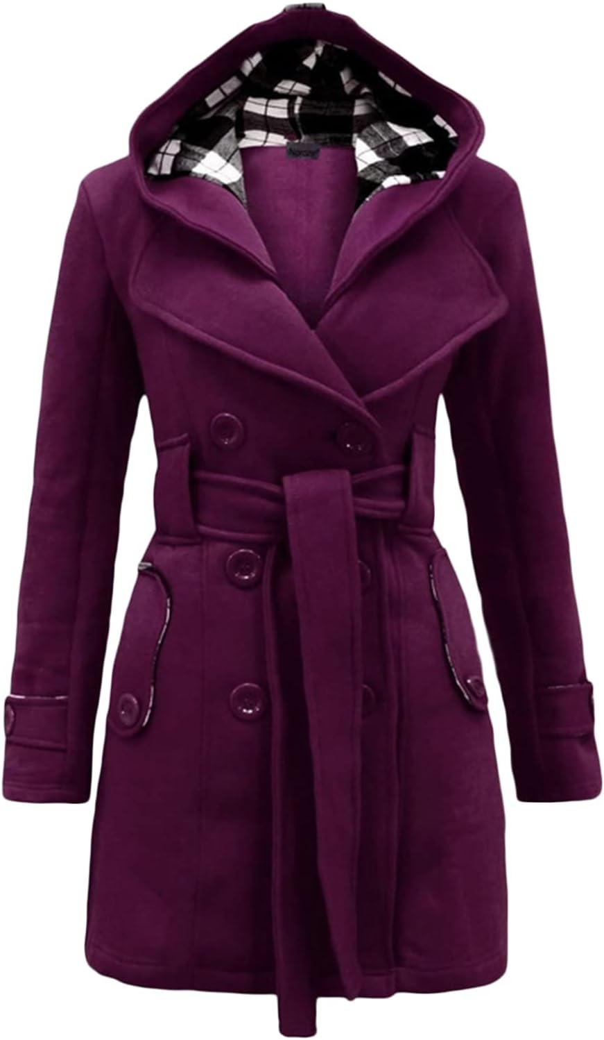 JEsilunmaMY Women's Plaid Hooded Coat Long Sleeve Belt Double Breasted Trench Coat Slim Casual Thicken Long Outwear Jacket