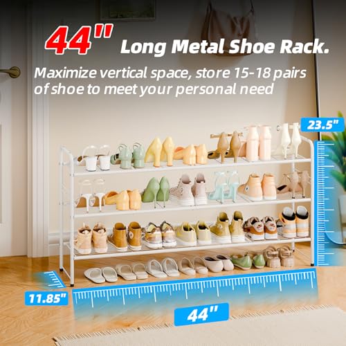 Image of 3 Tier Shoe Rack for Closet, 44 Inch Extra Long Shoe Storage Organizer for Shelves, Heavy Duty Metal, Easy Assembly, White
