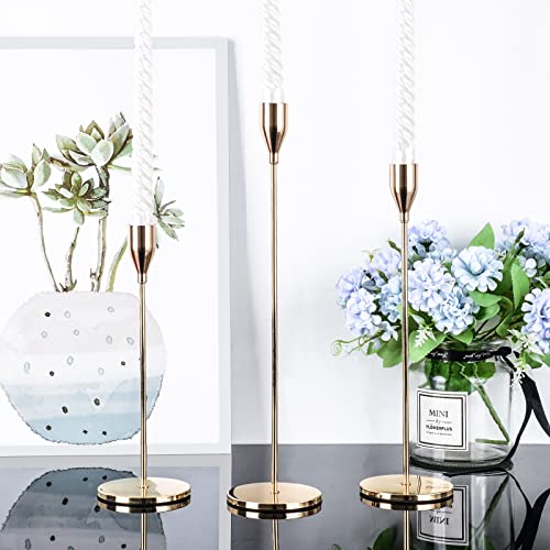 Huppy Candlestick Holders Set Of 3 Designed For Taper Candles, Decorative Candlestick Holder For Wedding, Dinning, Party, Fits 3/4 Inch Thick Candle & Led Candles (Metal Candle Stand) (Gold) #TOP6