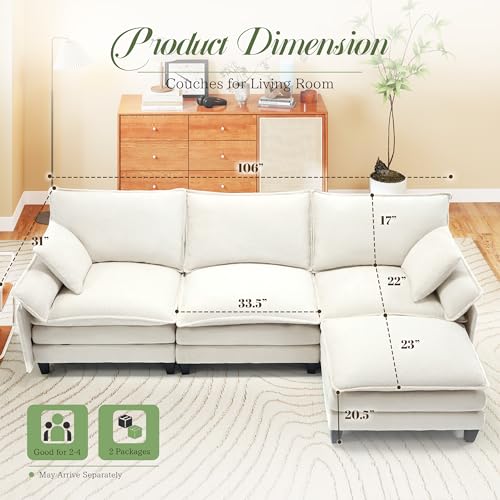 Image of 106 inch L Shaped Modular Sectional Cloud Couch, Modern Sofa with Ottoman, 4-Seat Deep Seat Sofa with Pillows for Living Room, Bedroom and Apartment, Beige