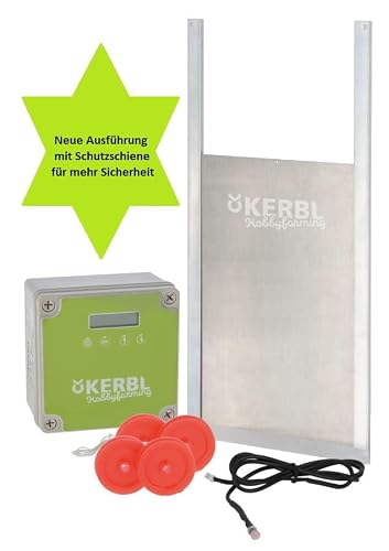 Foto von Cajou Automatische elektrische Hühnerklappe inkl. Alu-Hühnertür, Lichtsensor und Zeitsteuerung, Netzbetrieb oder Batterie, Schieber 30 x 40 cm inkl Schutzschiene