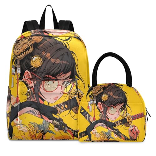 Backpack Lunch Bag Set Yellow Samurai Print, Big Storage Travel Backpacks with Insulated Lunch Box for Office Hiking Picnic
