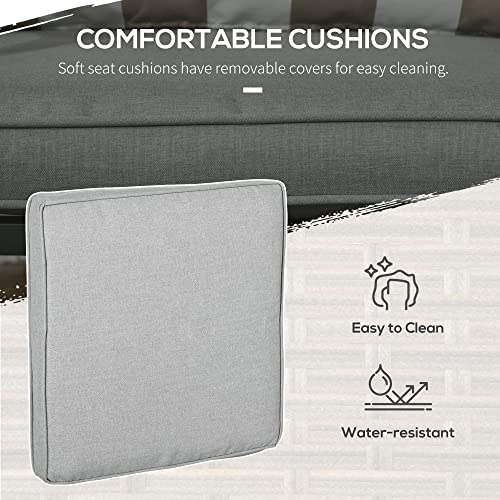 Outsunny 5 Piece PE Rattan Garden Furniture Set, 2 Armchairs,2 Stools, Steel Tabletop with Wicker Shelf, Padded Outdoor Seating, Khaki - Image 7