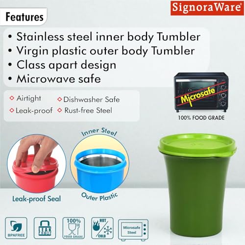 Image of SignoraWare Monarch Stainless Steel Tumbler | Airtight & Leakproof | Easy to Carry & Clean | Ideal for Cold Beverages | Perfect for Office, School, Home & Outdoor Use (400ml | Green)