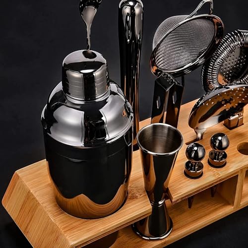 Set de coctelera con rack de madera, 19 piezas acero inoxidable miniatura 2