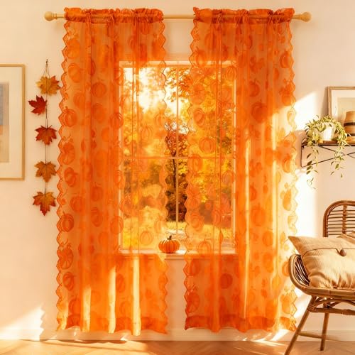 Awnmeow Fall Lace Curtains 84 Inches Long Harvest Pumpkin Sheer Curtains for Living Room Country Rustic Rod Pocket Thanksgiving Decor Sheer Lace Orange Curtains 2 Panels 54 x 84 Inch