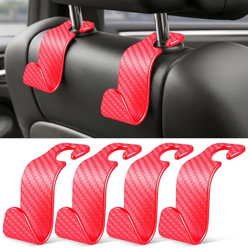 Image of SINGARO Universal 4 Pack Car Seat Headrest Purse Hook, Carbon Fiber Back Seat Hook Storage Organizer Hanger for Purse Handbag Coat, Car Interior Accessories(Red)