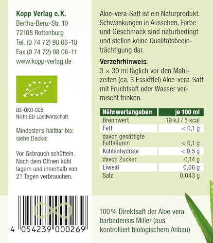KOPP Vital® Bio-Aloe-Vera-Saft | 1 Liter | 100% Direktsaft | Bio-Qualität | Naturtrüber Frischpflanzensaft | Hohe Aloverose-Gehalt