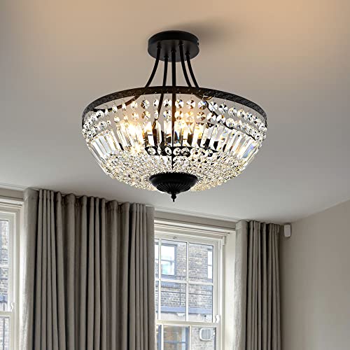 Wingbo 19.5 Inch Crystal Ceiling Light Fixture, 5-Light Raindrop Semi Flush Mount Chandelier, Modern Round Close To Ceiling Hanging Light For Living Room Dining Room Bedroom Hallway thumb #8