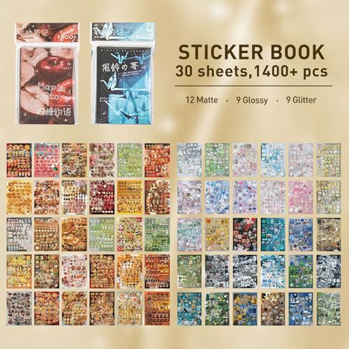 Image of 2pc Aesthetic Sticker Book: Dreamcore & Foodie Themes - 30 Matte, Glossy & Foil Sheets with Hard Cover for Journaling, Scrapbooking, Planner & DIY Crafts