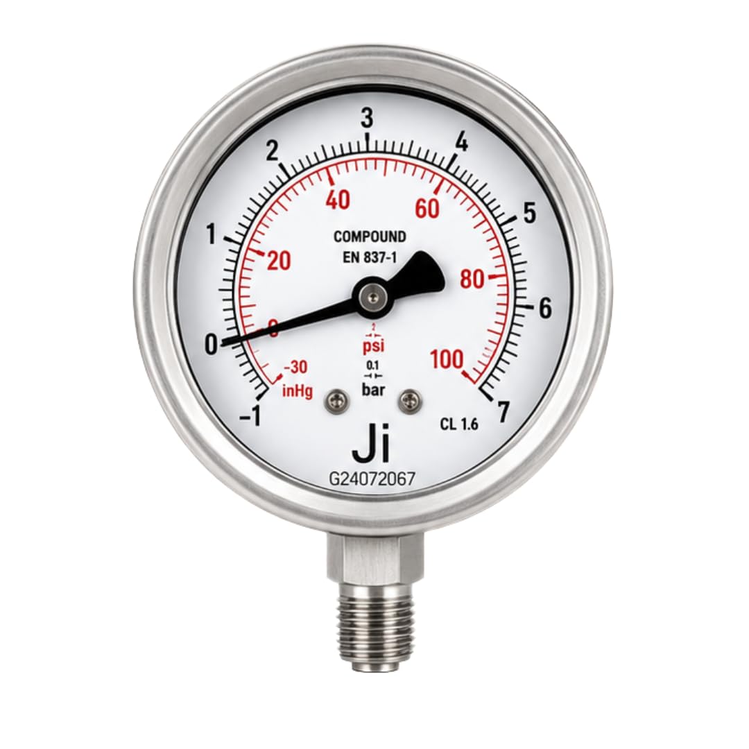 "Ji" Japsin Instrumentation Economical Compound Gauge Glycerin Filled, 2 1/2" Dial, Range -1 to 7 Bar with Dual Scale of -30 inHg to 100 PSI, Direct Mounting Bottom Entry, 1/4" BSP (M) Connection, SS-image-23