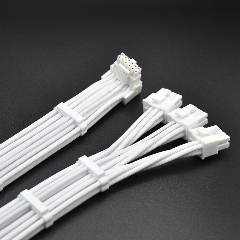 50cm Right-Angle 16-Pin 12V Cable (3x8 Pin to PCI-E 5.0) Modular Power Cable with Comb Compatible with ROG I 1000W and II 1200W (White Down Bend)