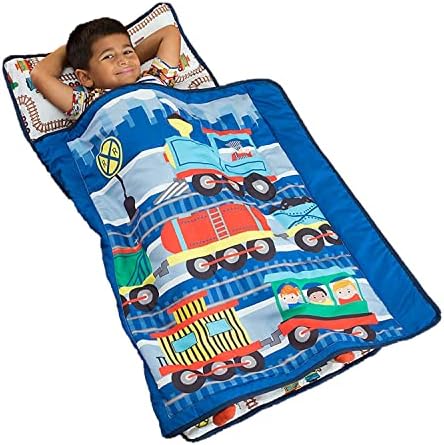 EVERYDAY KIDS Toddler Nap Mat with Removable Pillow -Choo Choo Train- Carry Handle with Fastening Straps Closure, Rollup Design, Soft Microfiber for Preschool, Daycare, Sleeping Bag - Ages 2-6 Years