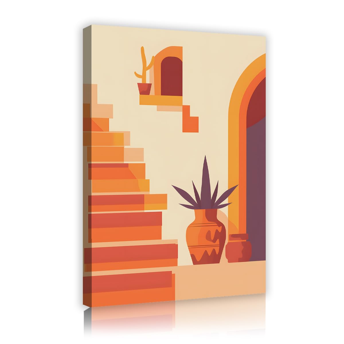 Via Vela Fbh18 Mediterranean Terracotta Canvas Wall Art Abstract Architecture Stairs Painting Desert Plant Clay Vase Illustration Picture For Dining Room Hallway Kitchen Decor 50X75cm