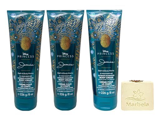 Bath &amp; Body Works Limited Edition Princess Collection Jasmine 3 Ultimate Hydration Body Creams with a Creamy Rose Bar Soap