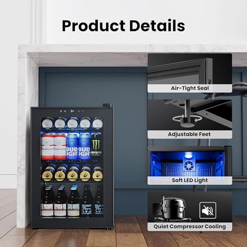 Image of Yeego Beverage Refrigerator, 85 Can Mini Fridge with Glass Door, Digital Temperature Control 34F-54F, Countertop Drink Cooler for Soda, Beer and Wine, Black