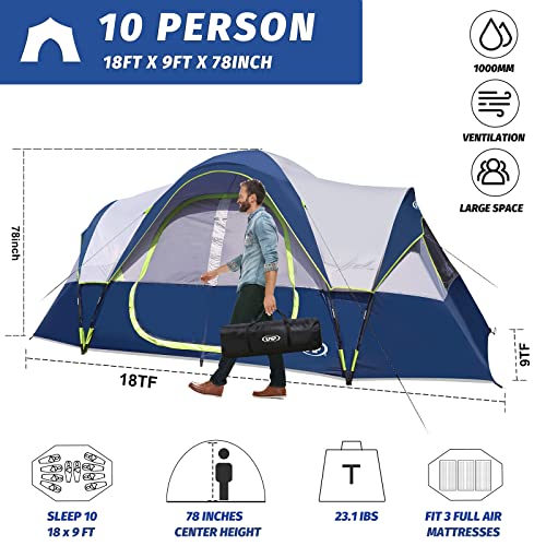Image of UNP Camping Tent 10-Person-Family Tents, Parties, Music Festival Tent, Big, Easy Up, 5 Large Mesh Windows, Double Layer, 2 Room, Waterproof, Weather Resistant, 18ft x 9ft x78in