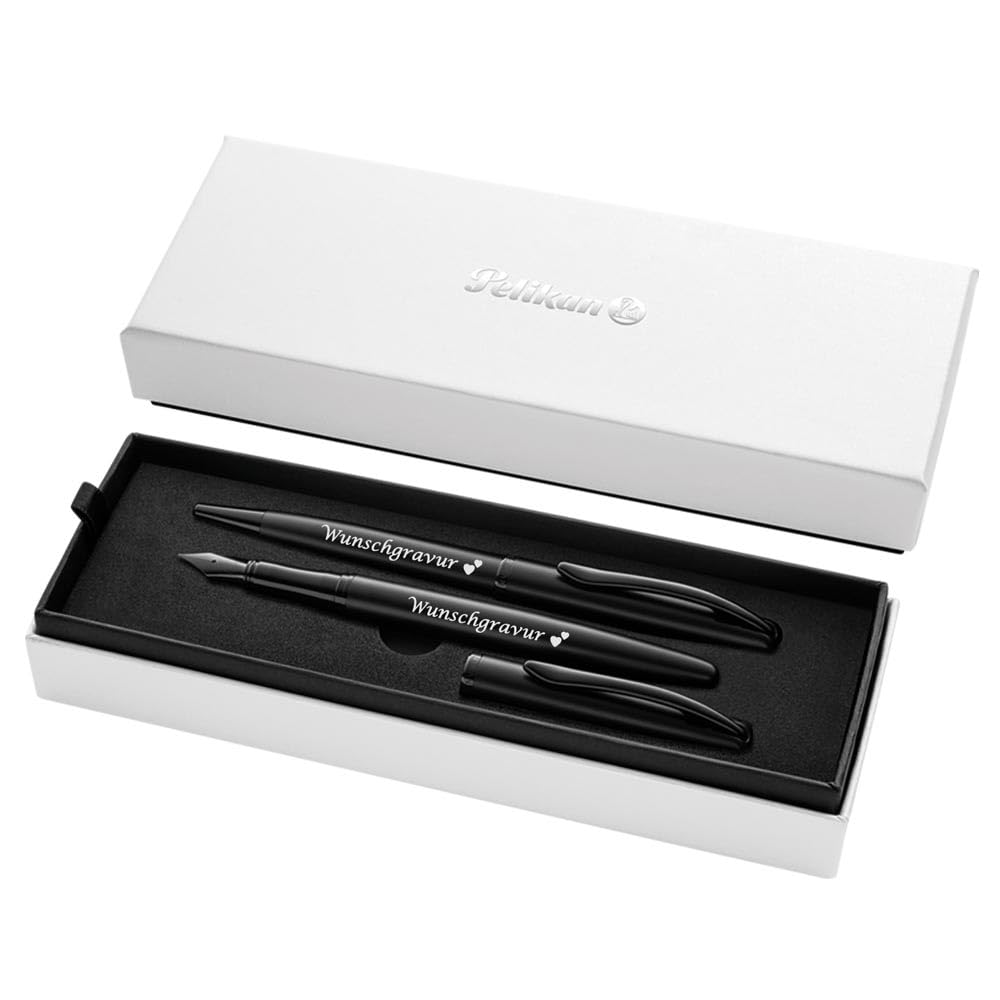 Pelikan Füller & Kugelschreiber Jazz® Noble Elegance im Set mit Wunschgravur | inkl. Geschenkeuti | Emoji Gravur | Carbon Schwarz Schreibset mit Gravur PS200