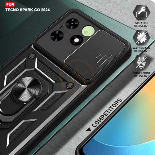Image of Armor Bumper Back Cover Case for Tecno Spark Go 2024 Rotating Camera Cover, Ring Holder & Kickstand | Heavy Duty & 360 Degree Protection Tecno Spark Go 2024 Back Cover (Black)