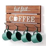 Titanape Tassenhalter mit 4 Haken - Vintage But First Coffee Küchenregal Hängend, Tassenregal Küchen Wand Organizer, Kaffeetasse Halter Wandregal Tassenständer für Küche, Kaffeebar, Büro Aufbewahrung
