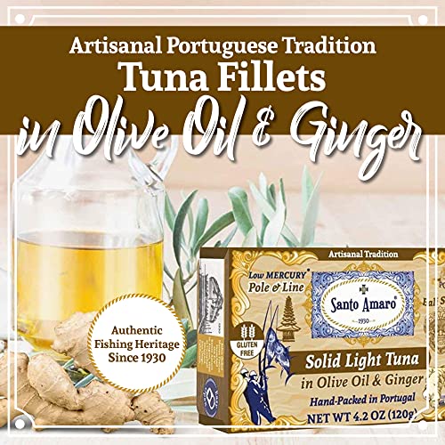 Image of Santo Amaro - Artisanal Wild Tuna Fillets in Olive Oil & Ginger, Pole & Line Wild Caught Tuna from Portugal, Hand-Packed Bali-Style Canned Tuna Fish, 22g Protein, Paleo, Keto, Low Mercury, Pack of 6
