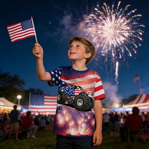 Image of Boys 4th of July Shirt American Flag Tshirt for Kids USA Flag Outfits Toddler Patriotic Tee Monster Truck Top T-Shirt 3-10T