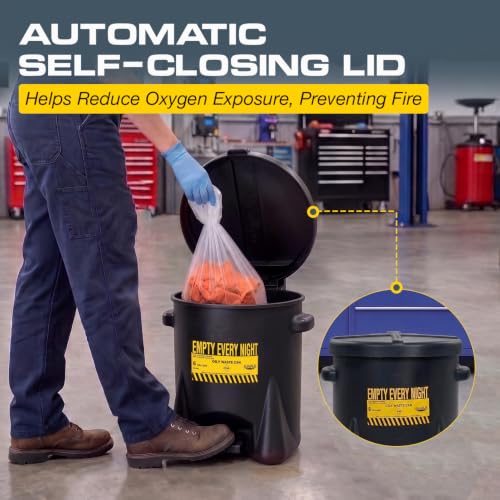 Image of Eagle Oily Waste Can, Self-Closing Lid, 6 Gallon, Made in the USA, Black | High-Density Polyethylene Construction, Leakproof Design, Hands-Free Operation, OSHA, FM, NFPA Compliant