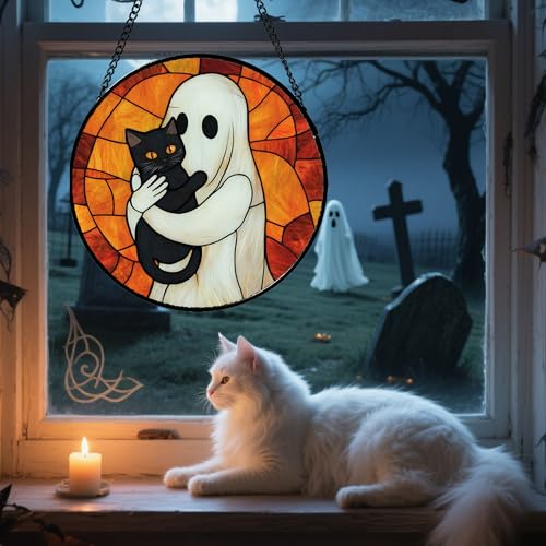 Image of Stained Glass Window Hanging - Halloween Decorations White Ghost Black Cat Suncatcher for Doors Garden Spooky Funny Orange Sun Catchers Gothic Decor Horror Gifts for Women Men Friend 9.8 in