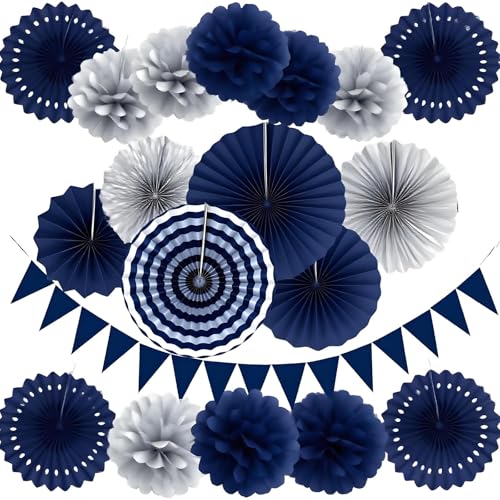 Image of XIKSXITN 12 pc Silver Blue Tissue Paper Pom-poms - Hanging Paper Flowers Ball for Party Decorative (10&12 inch)