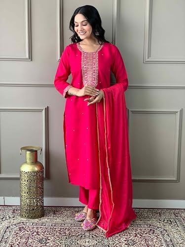 Image of Shiv Textiles Women's Chanderi Silk Embroidered Kurta Pant Dupatta Set(JDA-Lilly-Rani-S)