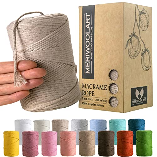 MeriWoolArt Corde Macramé 3mm Coloré Sable - Fil Macramé Corde 200m - Corde de Coton Simple Torsion - Corde Macramé Coton Recyclé Oeko-Tex - Bricolage Macramé Décoration Intérieure Boho Cover