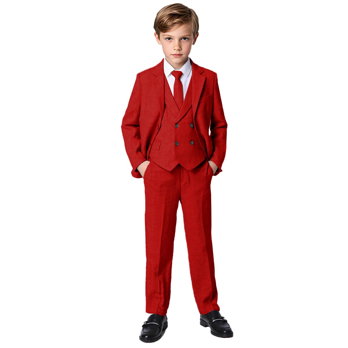 Conjunto de traje formal de 3 piezas ajustado con chaqueta de esmoquin, chaleco, pantalones para niños, anillos de boda, fiesta