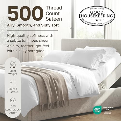 Image of Luxury Adjustable Split King Bedsheets Set, Soft 100% Cotton, 500 Thread Count Sateen, Includes Twin-Xl Fitted Sheets, Snug Fit, Sheet Sets & Pillowcases (Split King, Light Grey)