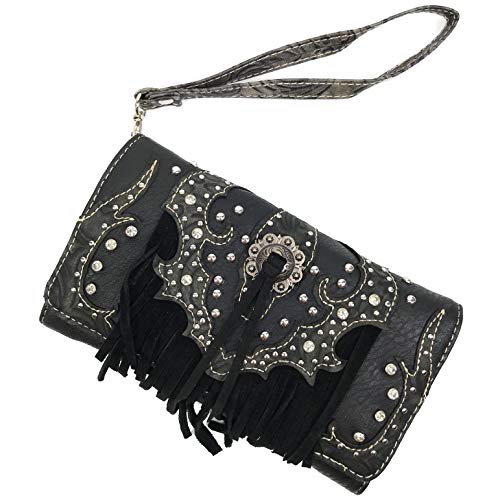 Zelris Western Concho Fringe Lace Two Toned Women Crossbody Wrist Trifold Wallet (Black)