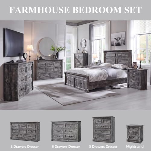 Image of Aitjunz Farmhouse 6 Drawer Dressers for Bedroom, 47'' Wide Dresser & Chests of Drawers w /Roman Columns, Horizontal Wooden TV Stand Dresser w /Metal Handle for Bedroom, Hallway, Living Room, Light Grey