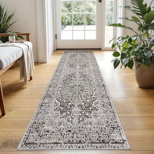 KUTA Vintage Floral Washable Runner Rug, 2x5 Runners Non-Slip Tan Grey 5ft Hallway Kitchen Rugs Ultra Soft Printed Distressed Tribal Farmhouse Carpet for Bedroom Entryway Decor