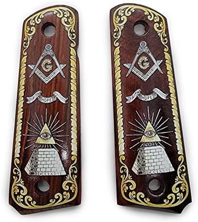 Set of 1911 Gun Grips Exotic Wood Full Size 1911 Grip Ambi Safety Cut with Masonic Design
