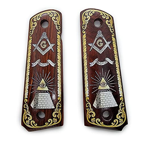 Set Of 1911 Gun Grips Exotic Wood Full Size 1911 Grip Ambi Safety Cut With Masonic Design #TOP2