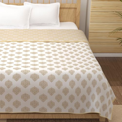 Image of Story@Home Dohar Double Bed Cotton 100% | 150GSM 225 x 240 CM Quilt AC Blanket for Summer | AC Comforter Double Bed | White & Cream, Damask Reversible Design Duvet | All-Season Blanket