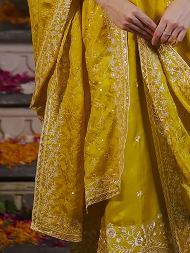 Image of INDO ERA Women's Embroidered Silk Blend Calf Length Straight Kurta Pant And Dupatta Set (KH9MR6194)