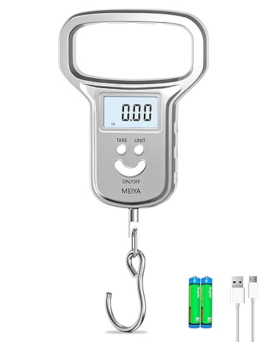 MEIYA Báscula de pescado doble potencia (bateríarecargable), báscula de pesca con mango extra ancho, 110 libras, pantalla LCD retroiluminada,