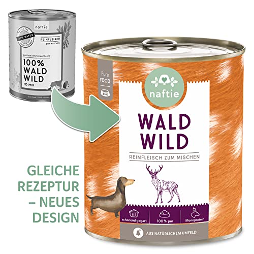 naftie Premium Hundefutter 100% Wald Wild - Reinfleisch pur - Nassfutter zum Mischen, Barf-Fleisch - glutenfrei getreidefrei - 800g Dosen