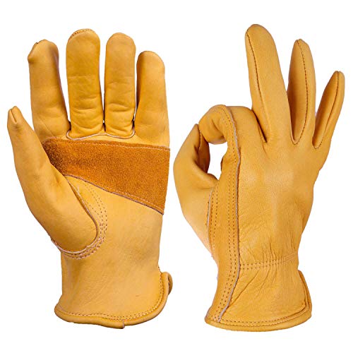 Image of Reinforced Leather Work Gloves with Palm Patch for Gardening, Farming, Construction, Warehousing, Motorcycling, Truck Driving - 10 Inches - Yellow - Pack of 1